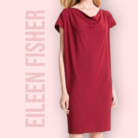 Eileen Fisher Shift Dress Small Red Cowl Neck Cap Sleeve Lagenlook Stretch Boxy - Picture 1 of 7